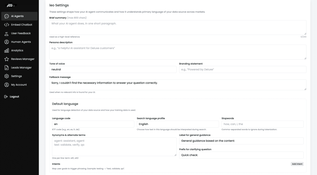 configuración de la intención del cliente